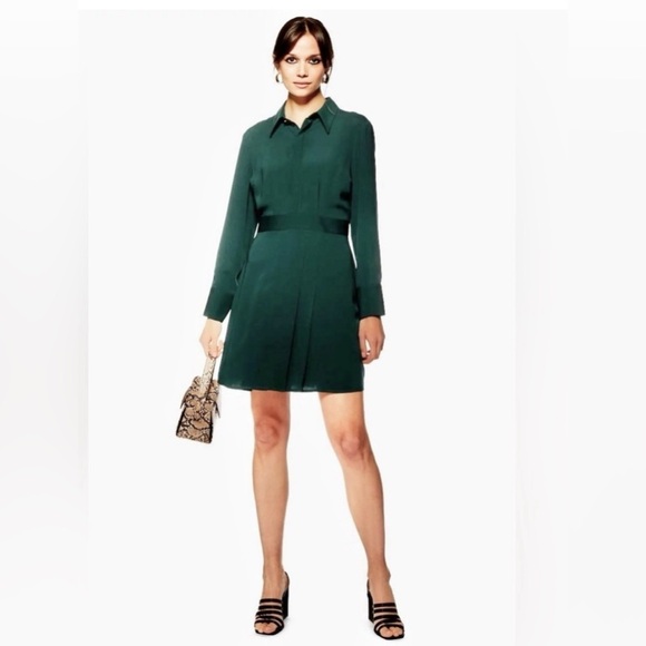Topshop Dresses & Skirts - Topshop Dark Green Pleated Long Sleeve Button Up Structured Shirtdress US10